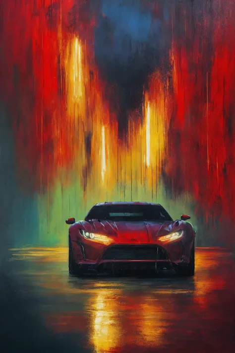 dark shot, epic realistic, abstract expressionist painting red race car, in the style of sam spratt, historical illustrations, old masters, genndy tartakovsky, soggy, masaccio, monochromatic realism  . energetic brushwork, bold colors, abstract forms, expr...