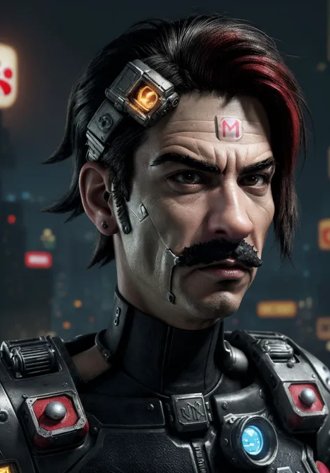 (Mario from Nintendo:1.2) in a dystopian cyberpunk city, (cyborg:1.3), bladerunner, dark misty street,  punk hairstyle, cybernetic face modifications,  body modification,   Mario