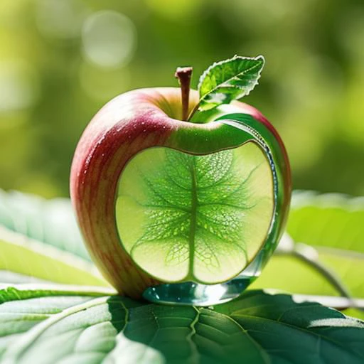 there is a glass apple with a leaf inside of it