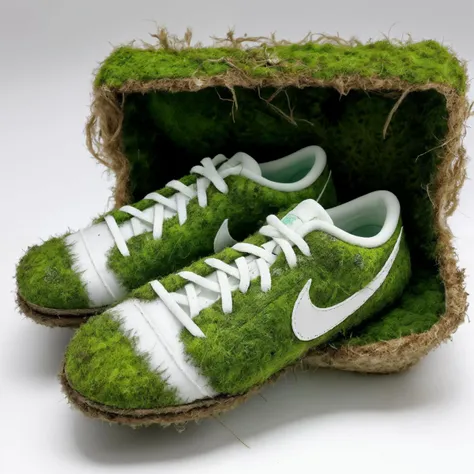 made from green moss (nike sneakers:0.95)]made of moss from green leaves and moss, small white flowers growing from moss, white background, box, photo realistic, detailed 