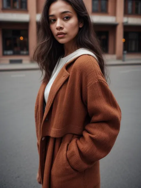 a woman in a brown coat standing on a street corner