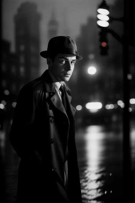 black and white film stock, high contrast, full body movie clip of a dramatic motion blur scene, black and white photography, film grain, extreme closeup photo face , Noir 1940s, detective man looking at you  [[walking by]] at heavy rain, sad, scowl, heavy...