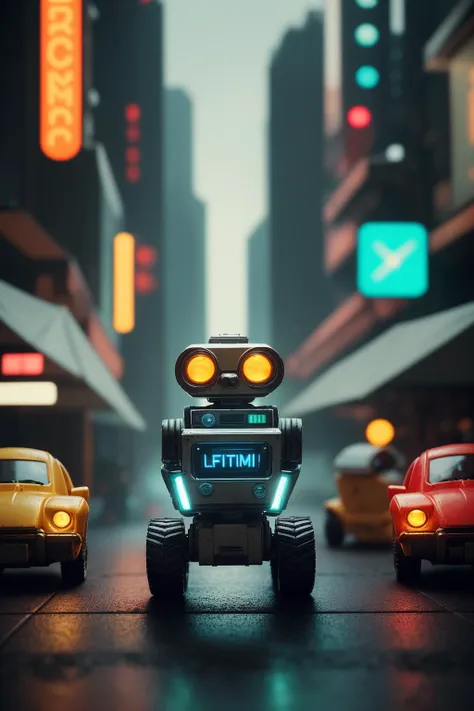 a close up of a robot driving down a street with cars