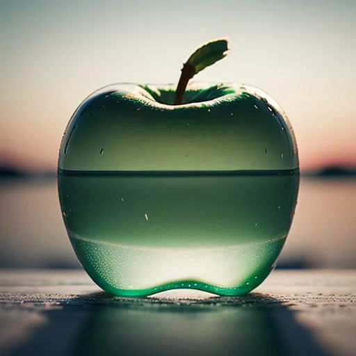 there is a green apple sitting on a table with water in it