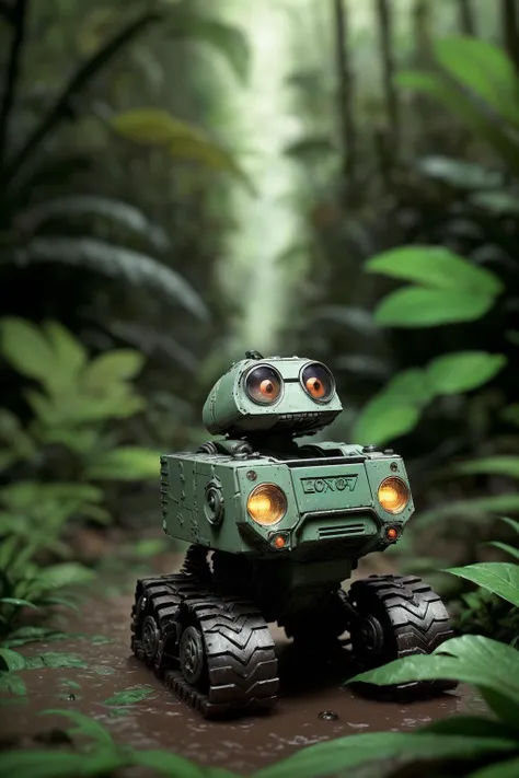 there is a toy robot that is sitting in the middle of the forest