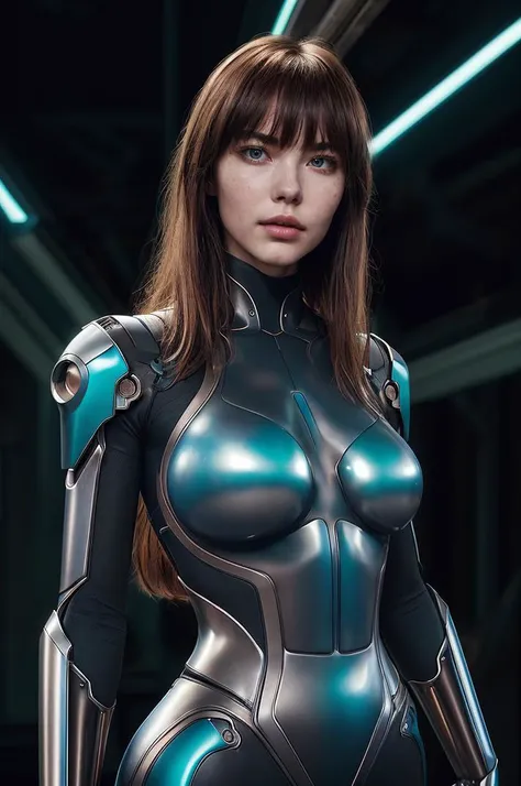 best quality,masterpiece,(hdr:1.2),1girl, solo, breasts, looking at viewer, cable, science fiction, mechanical parts, medium breasts, closed mouth, bangs, upper body, bodysuit, long hair, mechanical arms , <lora:epi_noiseoffset2:0.7>, (muted colors, dim co...