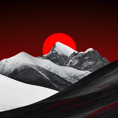 Snowy mountains surrounded by symmetry, in the center is a black and red two suns from the evening. Minimalist Chinese classical style, striking, dark grey and red, rich colors, striking composition, black and white, sun, Nikon D850