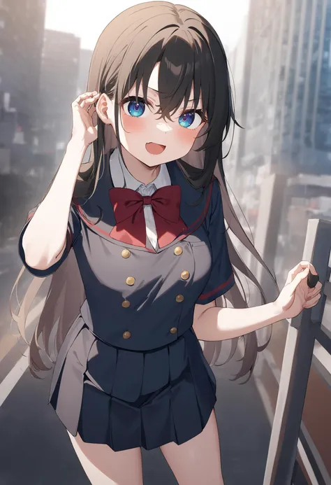 anime girl in uniform standing on a bridge with her hands on her head