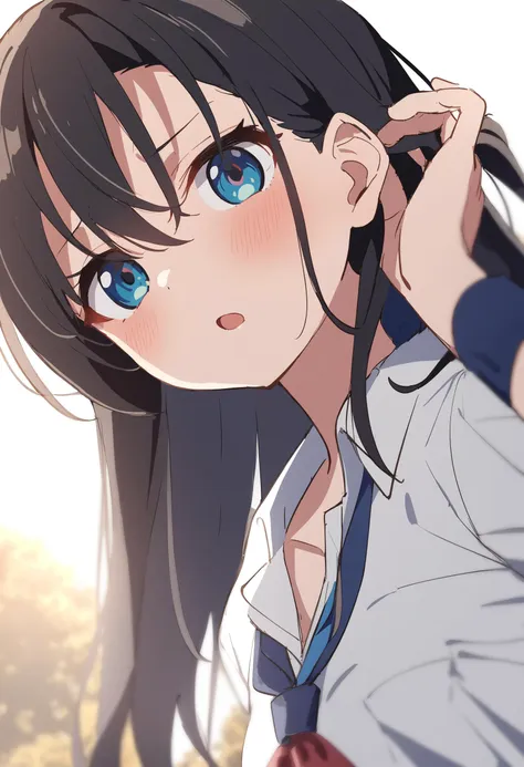 anime girl with long black hair and blue eyes in a white shirt