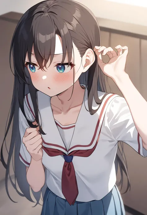 anime girl with long black hair and blue eyes in a school uniform