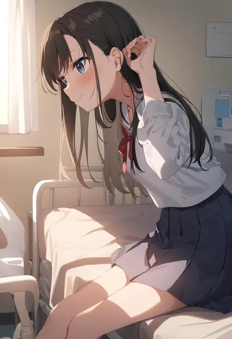 anime girl sitting on a bed in a hospital room