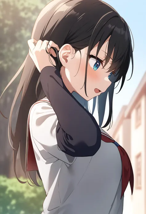 anime girl with long black hair and blue eyes standing in front of a building