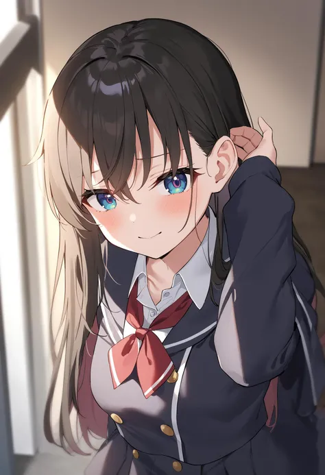 anime girl with long hair and blue eyes in a school uniform