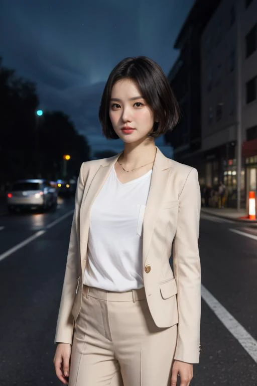 masterpiece, best quality, ultra-detailed, ultra high res, (photorealistic:1.4), raw photo, (realistic:0.2), CG, 8k HDR, perfect lighting, 1girl, solo, looking at viewer, (plain t-shirt, blazer, pant suit), outdoor, (city, busy street), night, scattered cl...