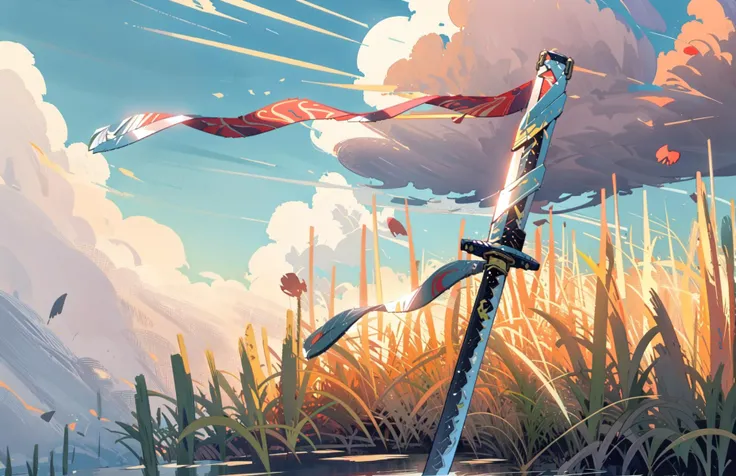 masterpiece, best quality, ultra-detailed, illustration, colorful, blade, (katana:1.2), blade down, grass, water, sky, clouds  <...