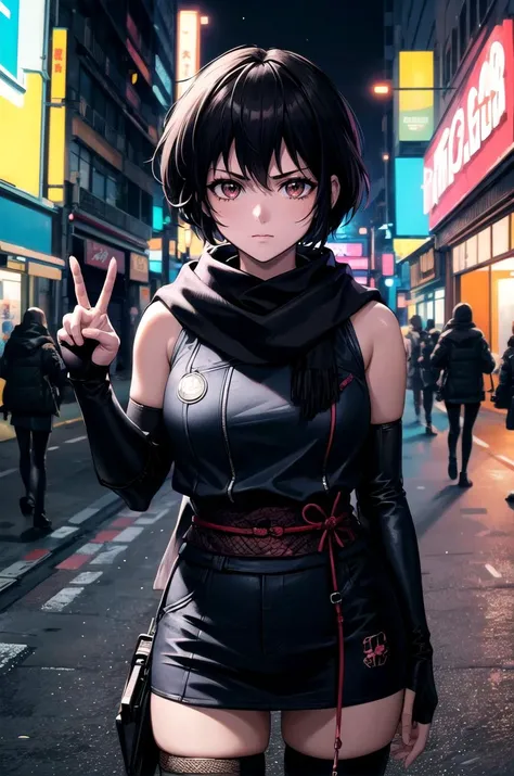 (masterpiece, best quality, detailed), 1girl, solo, yuumura, looking at viewer,
ninja, fishnets, arm guards, japanese clothes, thighhighs, fingerless gloves, sash, black scarf, outdoors, cyberpunk, city, night, city lights, neon lights, graffiti, dark, pea...