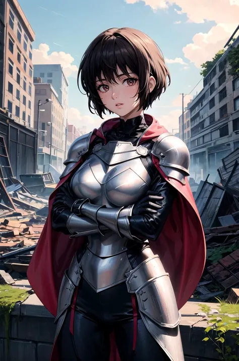 (masterpiece, best quality, detailed), 1girl, solo, yuumura, looking at viewer, 
armor, breastplate, armored dress, cape, bodysuit, gloves, pauldrons, ruins, overgrown, rubble, pillar, outdoors, building, light rays, fog, crossed arms, breast hold, arms un...