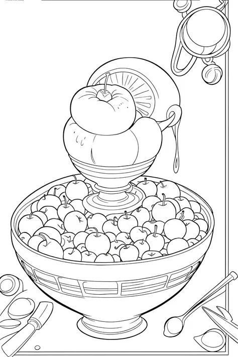 b&w, coloring page, line art, bowl of fruit