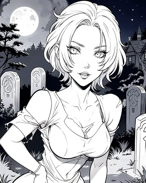 a cartoon image of a woman in a dress standing in front of a cemetery