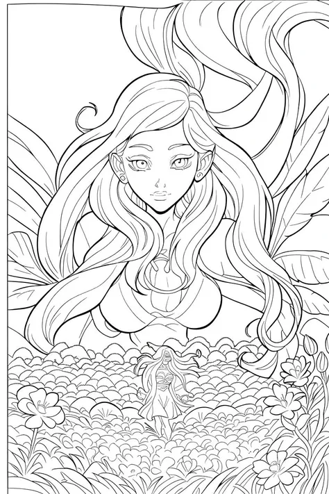 b&w, coloring page, line art, A field of flowers