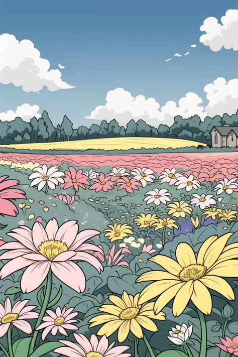 cartoon of a field of flowers with a house in the background