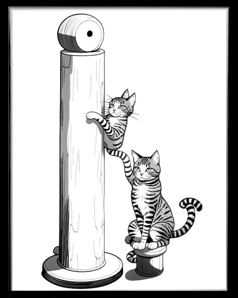 coloring page, b&w, line art, cat scratching a post