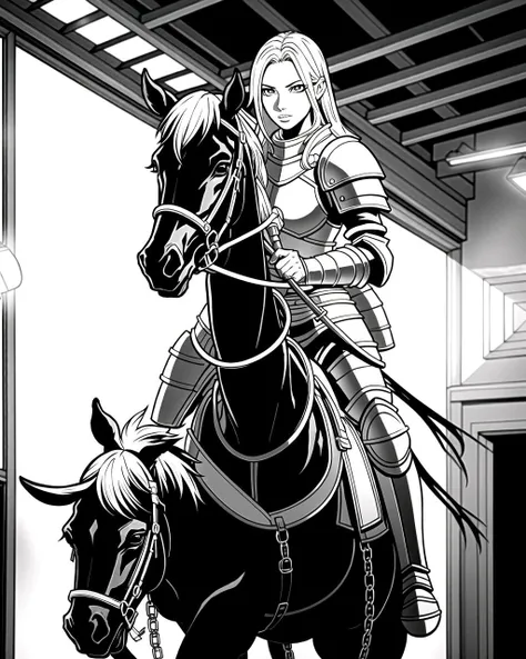 coloring page, b&w, line art, ((masterpiece), best quality, high quality, professional quality, highly detailed, highres, perfect lighting, natural lighting), knight, wearing armor, holding weapon, horseback, stallion, battle against army