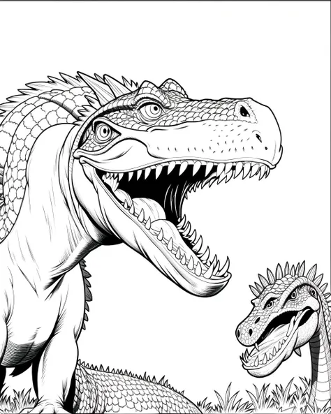 coloring page, b&w, line art, dinosaur eating