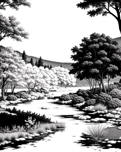 a black and white drawing of a river surrounded by trees