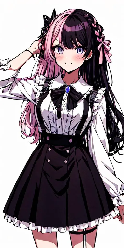 tatibana hinano,solo,1girl,<lora:tatibana hinano:0.8>,1girl, solo, skirt, pink hair, multicolored hair, virtual youtuber, long hair, shirt, ribbon, suspenders, white background, looking at viewer, black hair, simple background, white shirt, blush, braid, b...