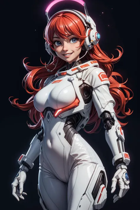 a woman in a white suit with headphones and a red hair