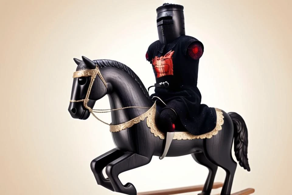 Photo-realistic high resolution photography of simple blank white background, close up shot of  <lora:black-knight-04:1> a limbless black knight riding a wooden horse, bokeh, LDSR, Depth of Field, OverallDetail