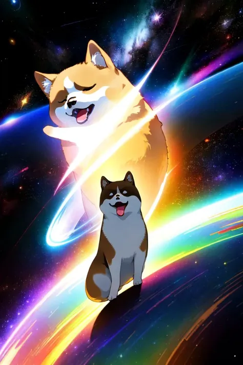 two dogs are sitting on a planet with a rainbow light