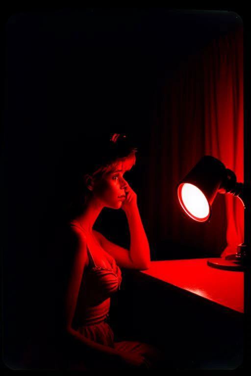 arafed woman sitting at a desk with a lamp on