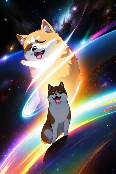 two dogs are sitting on a space surface with a bright light