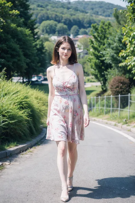 a woman walking down a road in a dress with a floral print