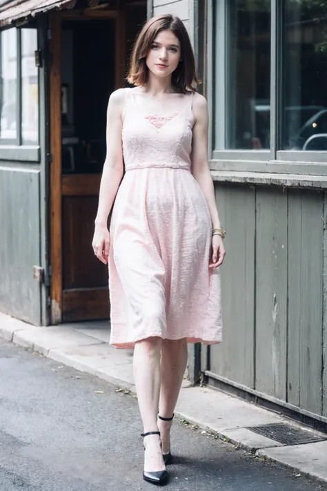 a woman in a pink dress walking down a street