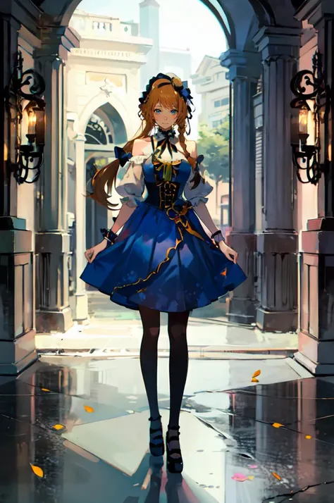 column lineup, water, ruins, marble (stone),   <lora:kukka_style_v01:1> kukkastyle, scenery,, ultra detailed, masterpiece, best quality,, solo, soft smile, light smile,
1girl, blue eyes, very long hair, blonde hair, long blonde hair, french braid, bangs, m...