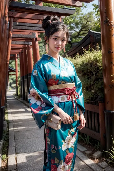 arafed woman in a blue kimono standing in front of a wooden structure