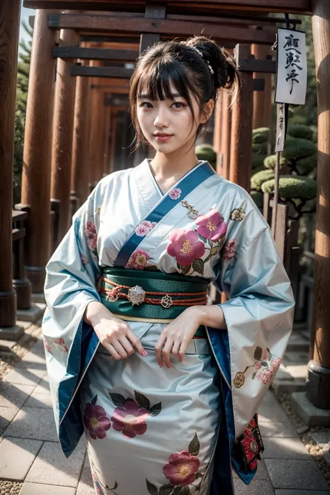 a close up of a woman in a kimono standing in front of a building