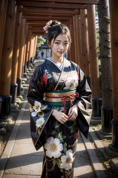 a woman in a kimono standing under a wooden structure