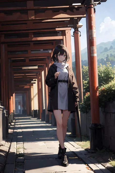 anime girl in a short dress and jacket walking down a walkway