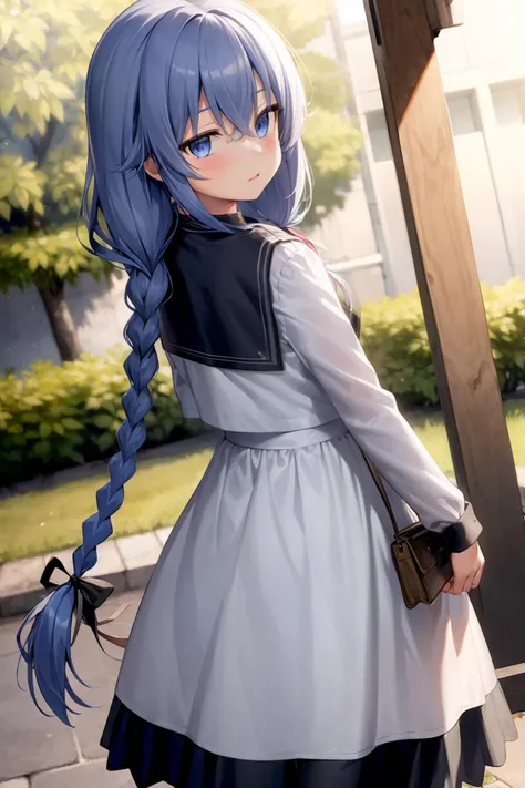 masterpiece, best quality, <lora:roxy:1>,1girl, solo, braid, dress, long hair, outdoors, black ribbon, twin braids, white dress, looking at viewer, hair between eyes, bangs, black sailor collar, bag, long sleeves,  closed mouth, grey hair, sailor collar, b...