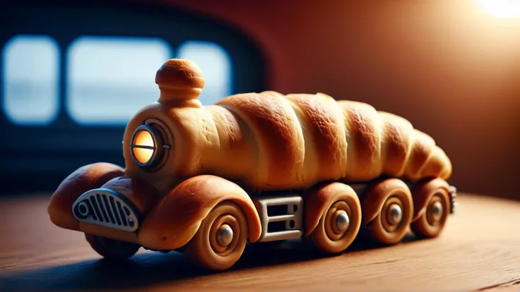 Cinematic photo of  <lora:CroissantStyleXL:1.1> CroissantStyle locomotive train, made from croissant, in location: twilight zone, detailed background, BOKEH, DOF, atmospheric