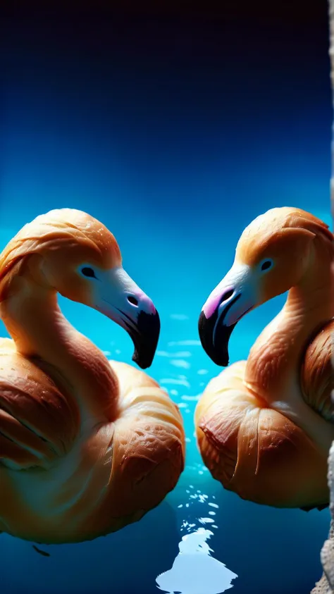 Cinematic photo of  <lora:CroissantStyleXL:1.4> CroissantStyle a flamboyance of flamingos, their pink feathers a vibrant sight against clean, blue water, made from croissant, in location: sunken cathedral, detailed background, dynamic angle, atmospheric