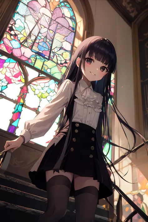 1girl, (8k, best quality, masterpiece, perfect lighting:1.2), (pov, from below:1.1),  fisheye,
a photo of a very shorty girl, shirakiin ririchiyo, cute and aggressive, standing on stairs at a hall, looking at viewer with (smug:1.2),  detailed background, (...