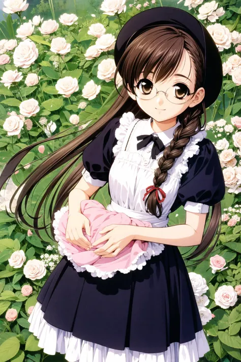 a woman in a maid outfit holding a baby in a garden