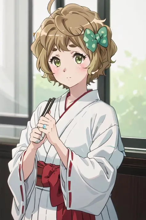 best quality, masterpiece, highres, solo, {white kimono:1.35}, {red hakama:1.35}, {wide sleeves:1.20}, {kawashima_safaia_soundeuphonium:1.15}, short_hair, brown_hair, blush, bow, hair_bow, serafuku, green_eyes, green_bow, ahoge, polka_dot, brown_eyes