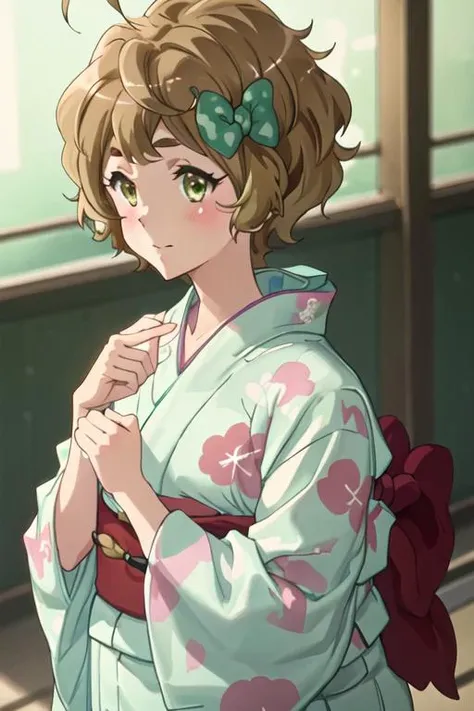 best quality, masterpiece, highres, solo, {yukata:1.40}, {kimono:1.20}, {kawashima_safaia_soundeuphonium:1.15}, short_hair, brown_hair, blush, bow, hair_bow, serafuku, green_eyes, green_bow, ahoge, polka_dot, brown_eyes