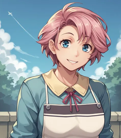 score_9, score_8_up, score_7_up, score_6_up, score_5_up, score_4_up, BREAK source_anime,
<lora:TrailsOfColdSteel-Guests:0.9>, Lina Crawford, short hair, pink hair, blue eyes, medium breasts, green shirt, white apron, blue skirt, blue shoes,
OUTDOORS, SKY, ...